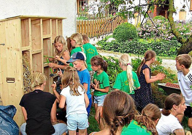 Mit großem Eifer gingen die Kinder daran, das Insektenhotel mit den im Wald gefundenen Materialien auszustatten. − Foto: Vilsmaier